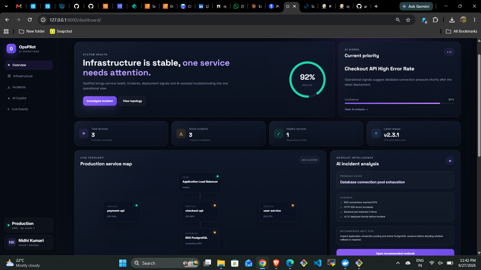 OpsPilot AI incident response dashboard